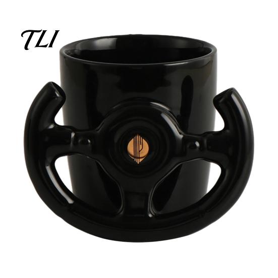 Auto-Themen Bürobedarf Lustige Lenkrad-Kaffeetasse, Keramik-Rennbecher, 400 ml Kreativer Fan-Becher Glänzend Schwarz Trinkgeschirr für Schreibtisch und Gaming-Zimmer