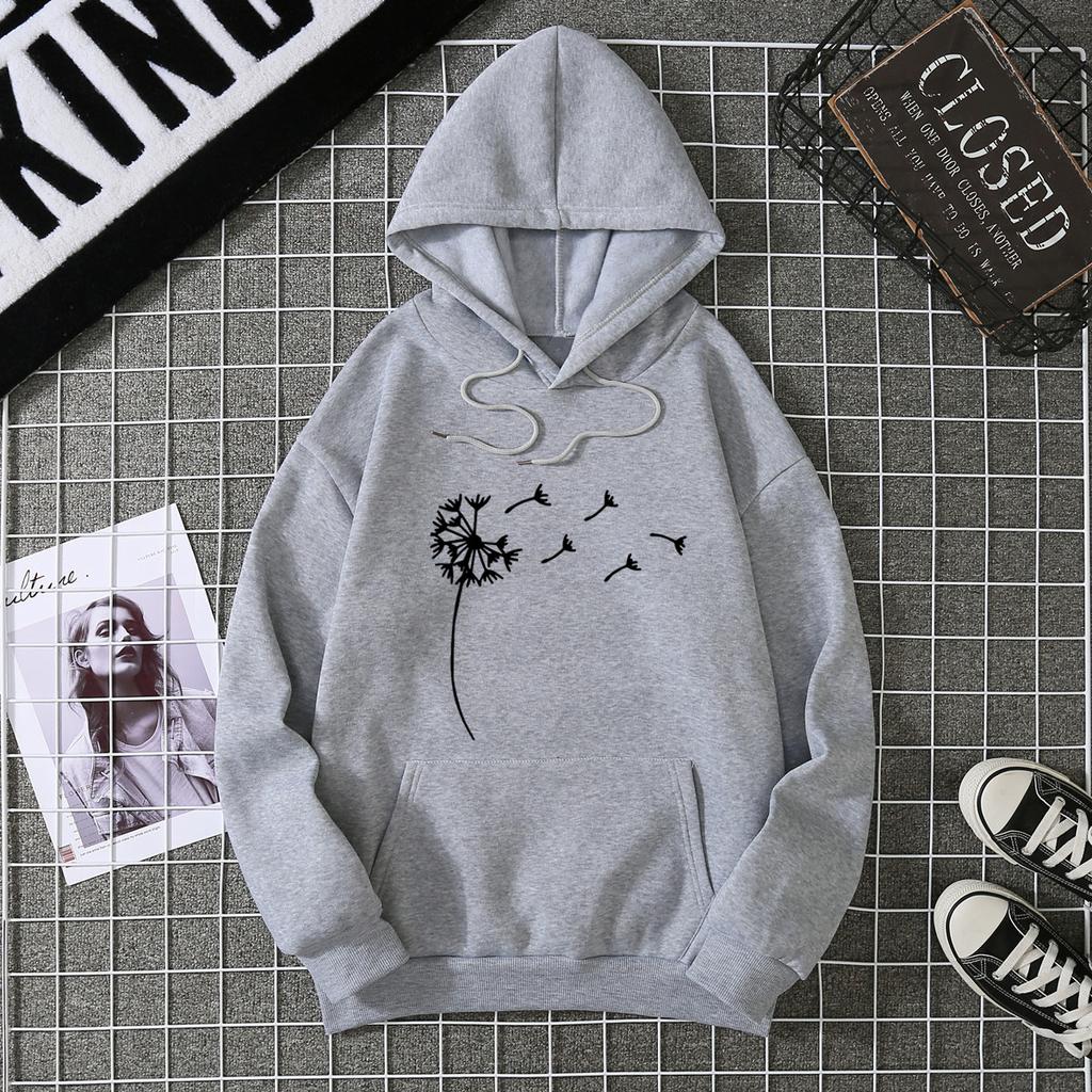 Women's fleece sweater plant print kangaroo pocket drawstring print hoodie