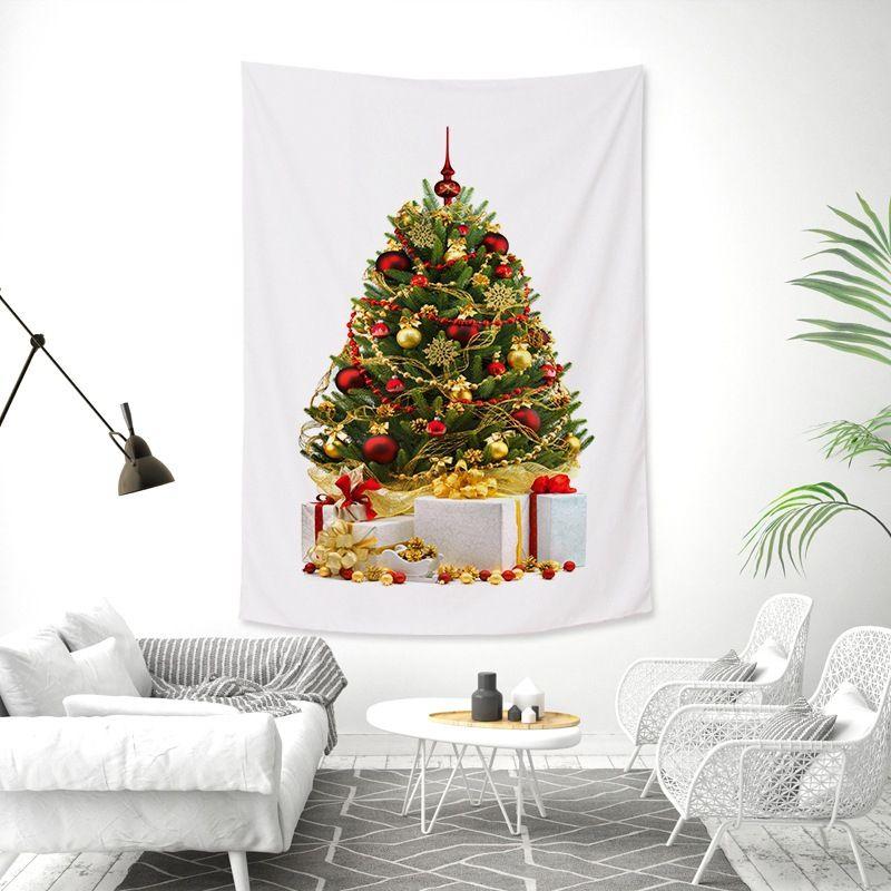 White Realistic Christmas Tree Wall Tapestry Gold Red Ornament Ball Tinsel Gift Box Bow Minimalist Holiday Aesthetic Home