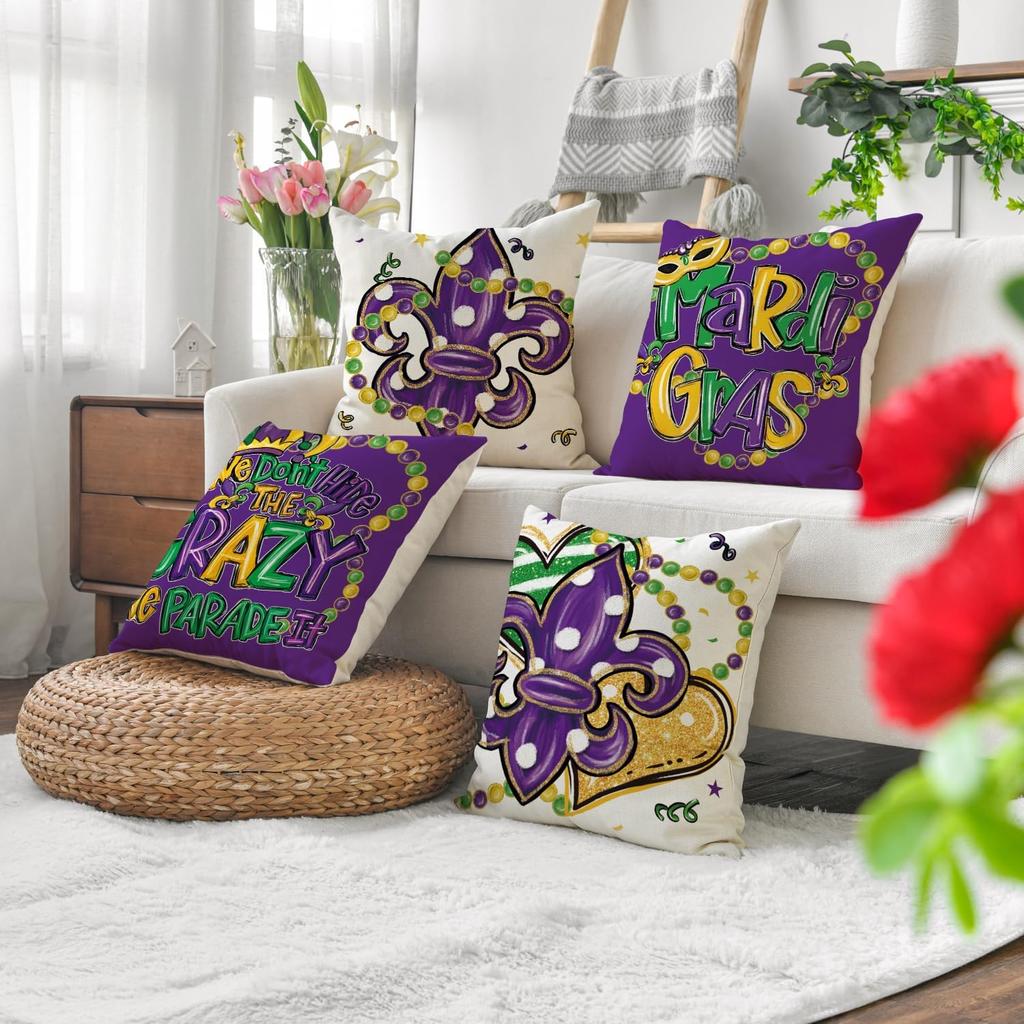 AVOIN colorlife Mardi Gras Fleur de Lis Heart Beads Throw Pillow Covers, 18 x 18 Inch We Don't Hide The Crazy We Parade It Holiday Party Carnival