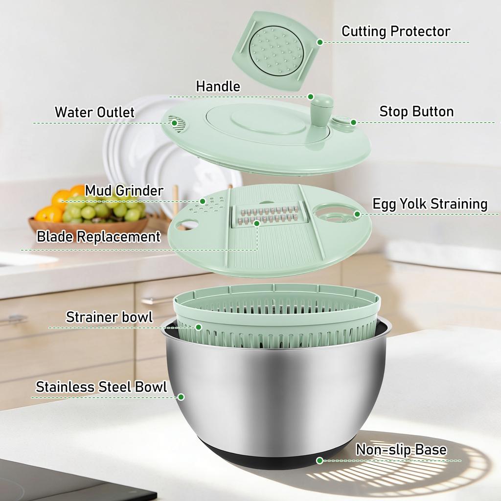 1 Pc Salad Spinner Stainless Steel/Plastic  Large Lettuce Washer Spinner with Blade Multi-functional Vegetable Dryer for Kitchen