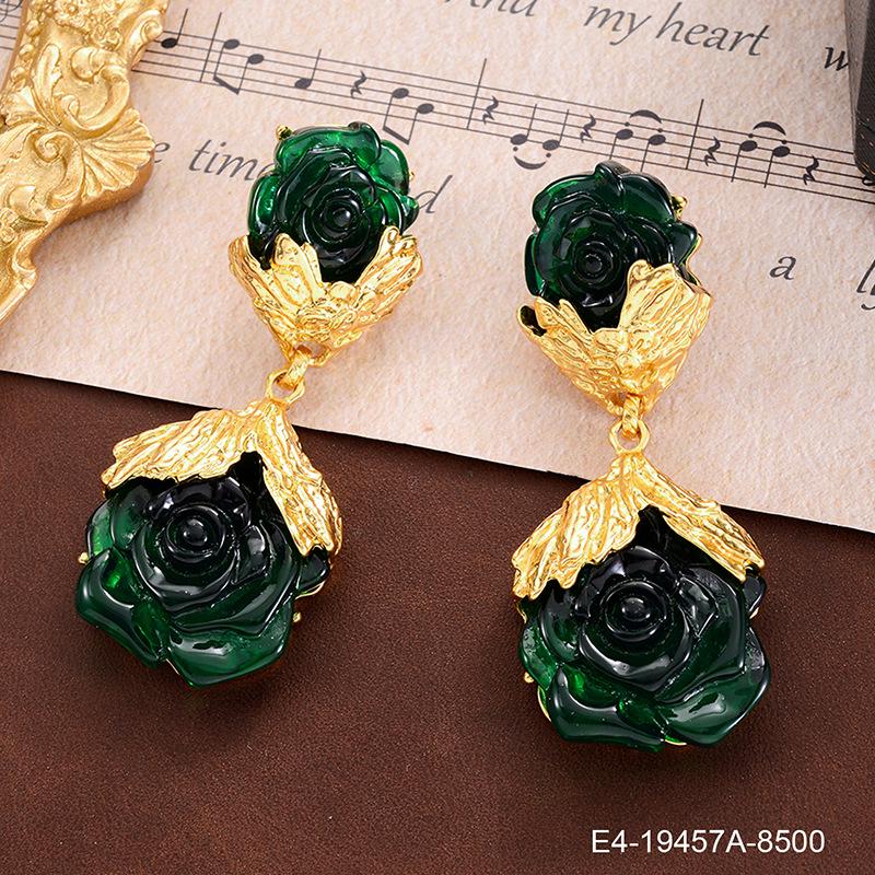 Vintage Grüne Perlenohrringe mit Blumenfaden - Damen Übertriebene 925 Glasstecker