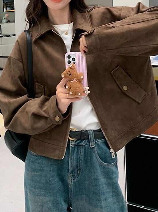 Petite veste de moto en daim style américain pour femme - Marron rétro, Courte, Printemps et Automne