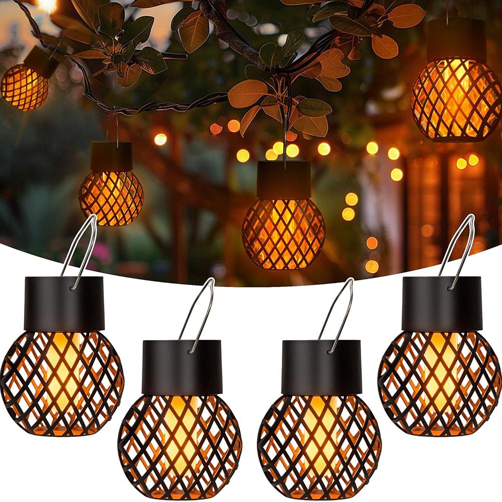 4 PCS Solar Hanging Light Waterproof LED Solar Light with Flickering Flame Solar Lantern with Hook for Garden Yard Patio