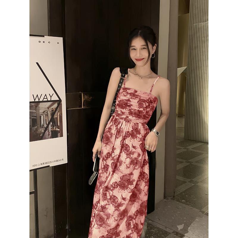 Shoulder Strap Adjustable Ink Floral Tube Top Suspender Dress Women's New Summer Waist Design Long Dress