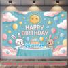 2D Pastel Blue Pink Rabbit Sun Cloud Background for Toddler 1st Birthday Party Decoration