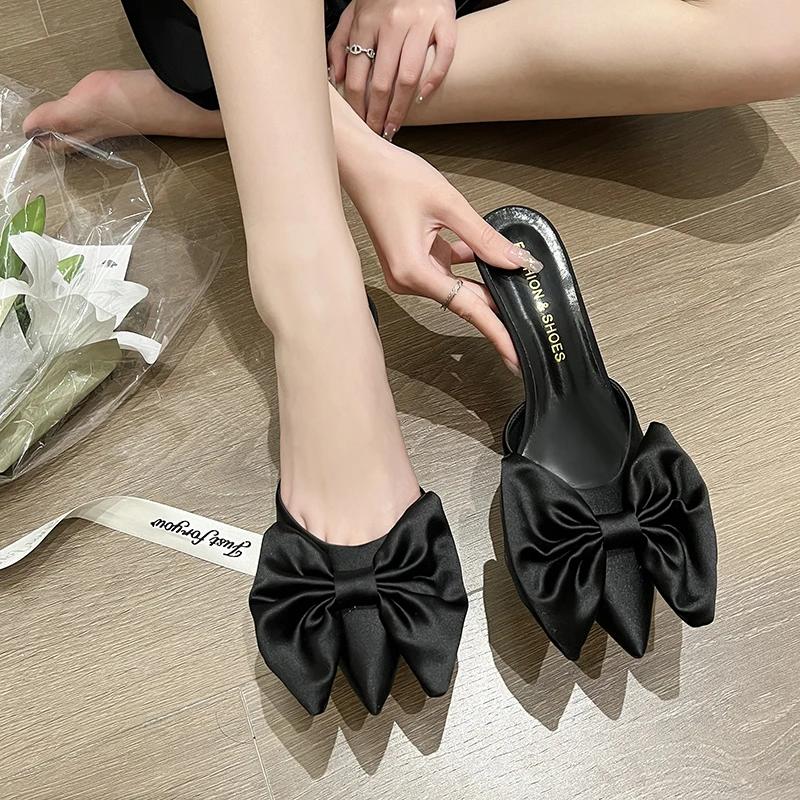 Women's Fashion Slippers  Butterfly-knot Pointed Toe Thin Heels Shoes Women Dress Party Fashion Korean Style Zapatillas De Mujer