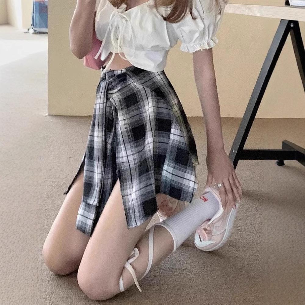 Women's Summer Retro High-Waist Irregular Plaid Midi Skirt with Faux Two-Piece Shorts