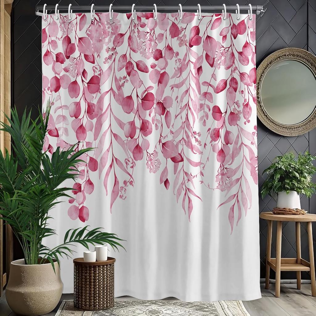 Rustic Brown Leaf Shower Curtain with Hooks, Watercolor Botanical Eucalyptus Bathroom Decor, Boho Farmhouse Waterproof Polyester