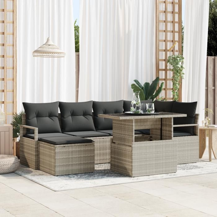 Ensemble de canapé de jardin 7 pièces avec coussins gris clair en rattan poly, Canapé de jardin 2 places avec coussins gris 3348858