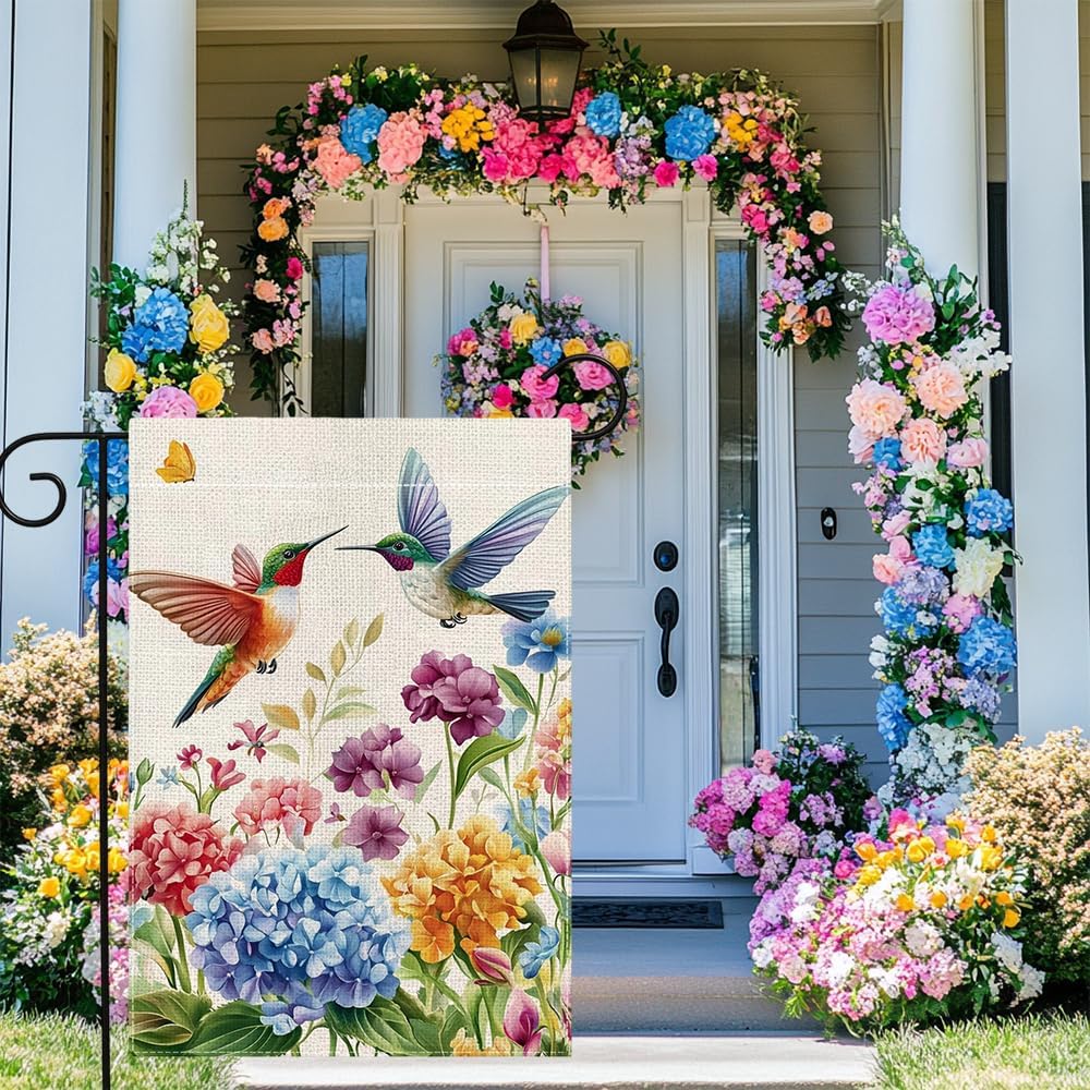 Hummingbirds Hydrangea Flowers Garden Flag 12x18 Inch Double Sided Spring Summer Colorful Floral Yard Outdoor Flag Holiday O