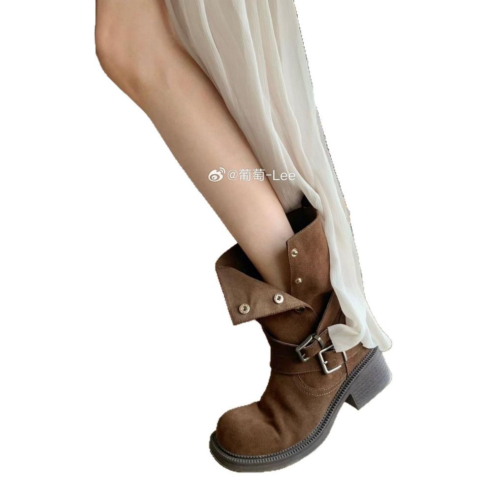 British Style Knight Boots Women's Autumn and Winter 2025 New Retro Thick Heel Belt Buckle Sleeve Western Cowboy Boots Martin Boots