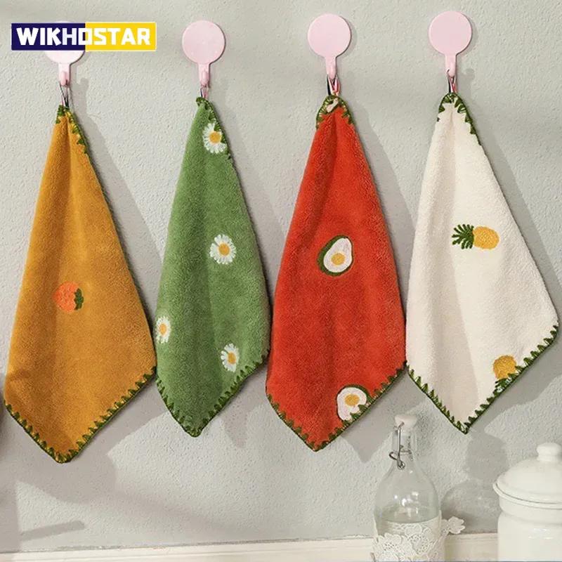 Absorbent Hand Towel with Fruit Embroidery Super Soft Hangable Quick Dry Bathroom Kitchen