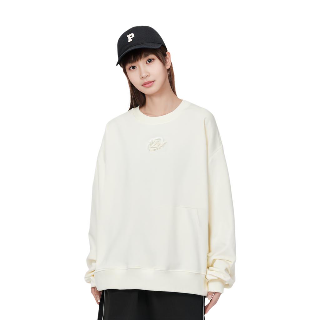 Li Ning Plain Round Neck Pullover Loose Sweatshirt Women Sweatshirt Off-White AWDU352-1