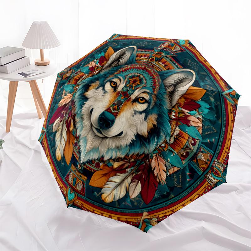 Indian - Style Wolf Pattern, Automatic Folding Umbrella, Portable and Foldable Design, 8 Ribs, a Christmas or Birthday Gift.