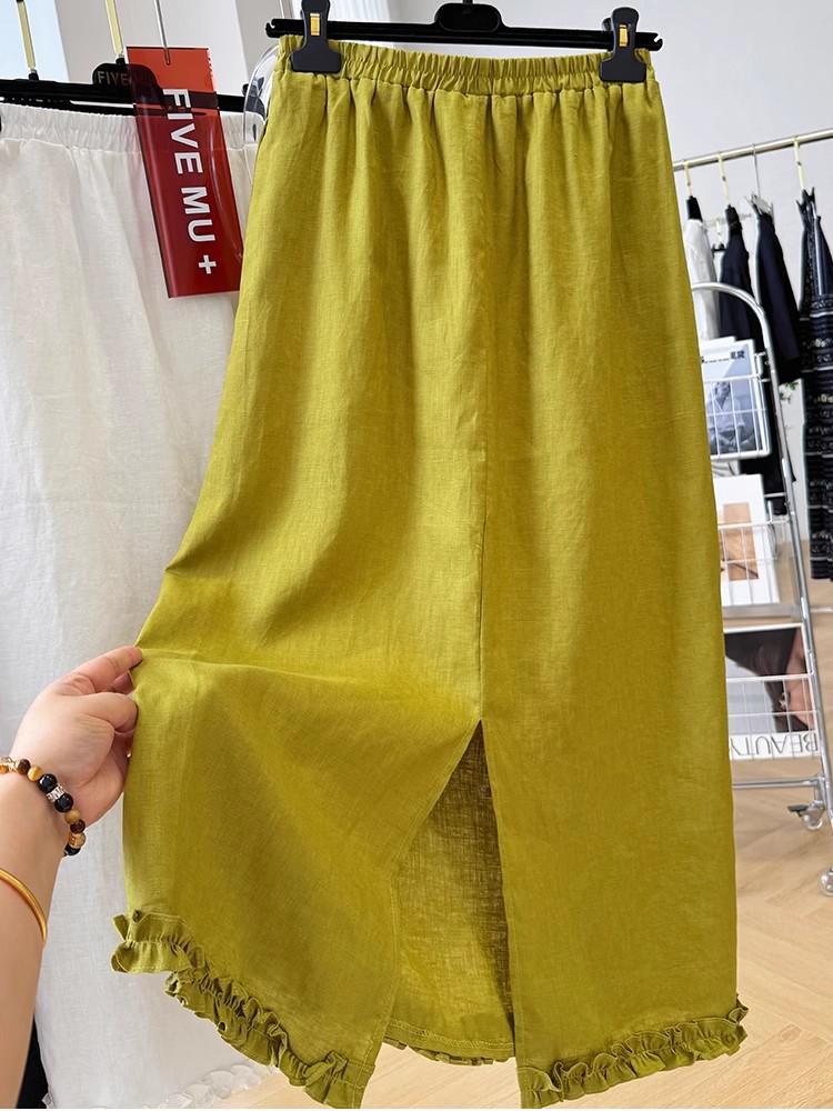 3731 Elegant Korean-Style Linen Ruffle Midi Skirt for Women
