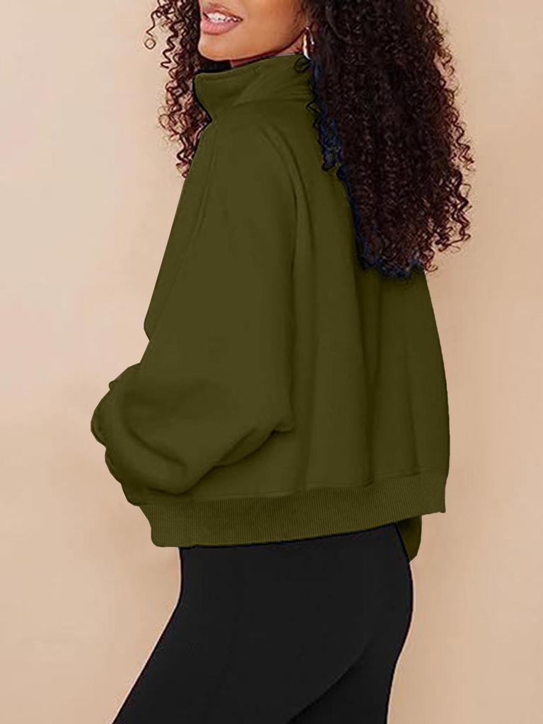 2026 Women's Stand Collar Fleece Hoodie with Pockets, Autumn-Winter Casual Loose Fit, Solid Color Ribbed Top.