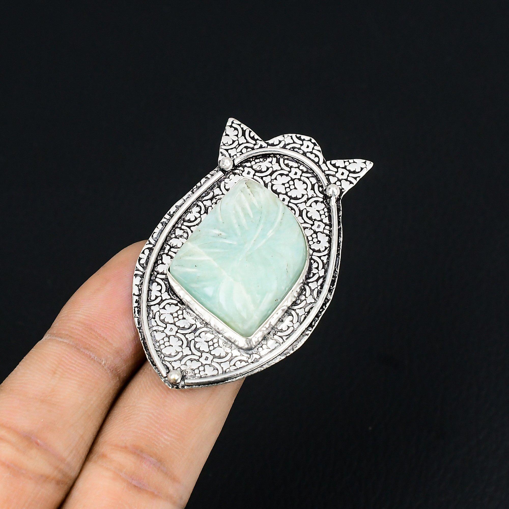 Wedding Gift For Her 925 Silver Natural Carved Amazonite Multi Stone Ring Size 6 6