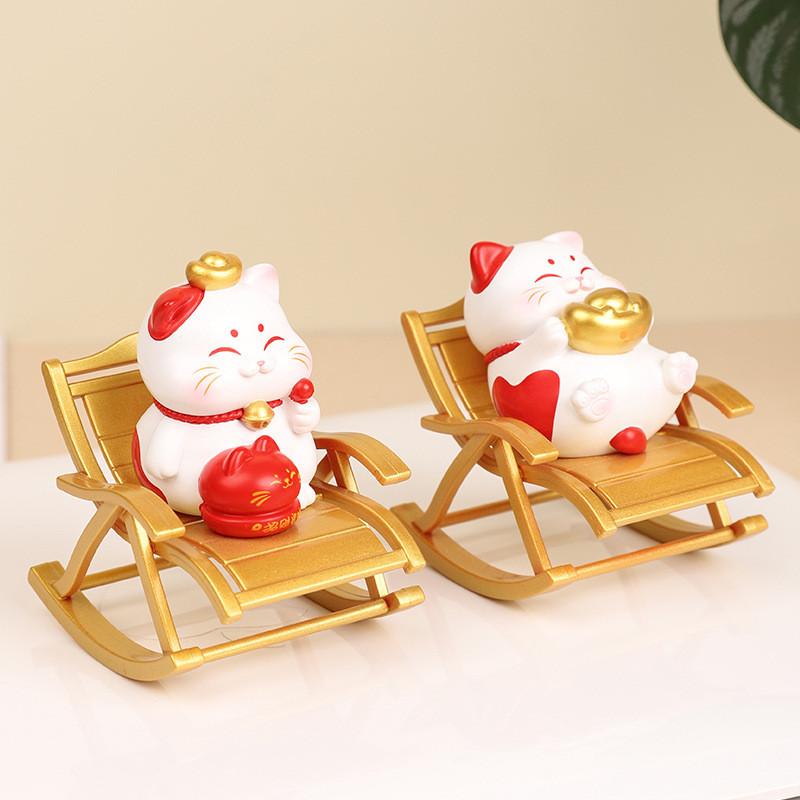 Resin Lucky Cat Figurine With Sitting Chair For Home Office Desk Decor