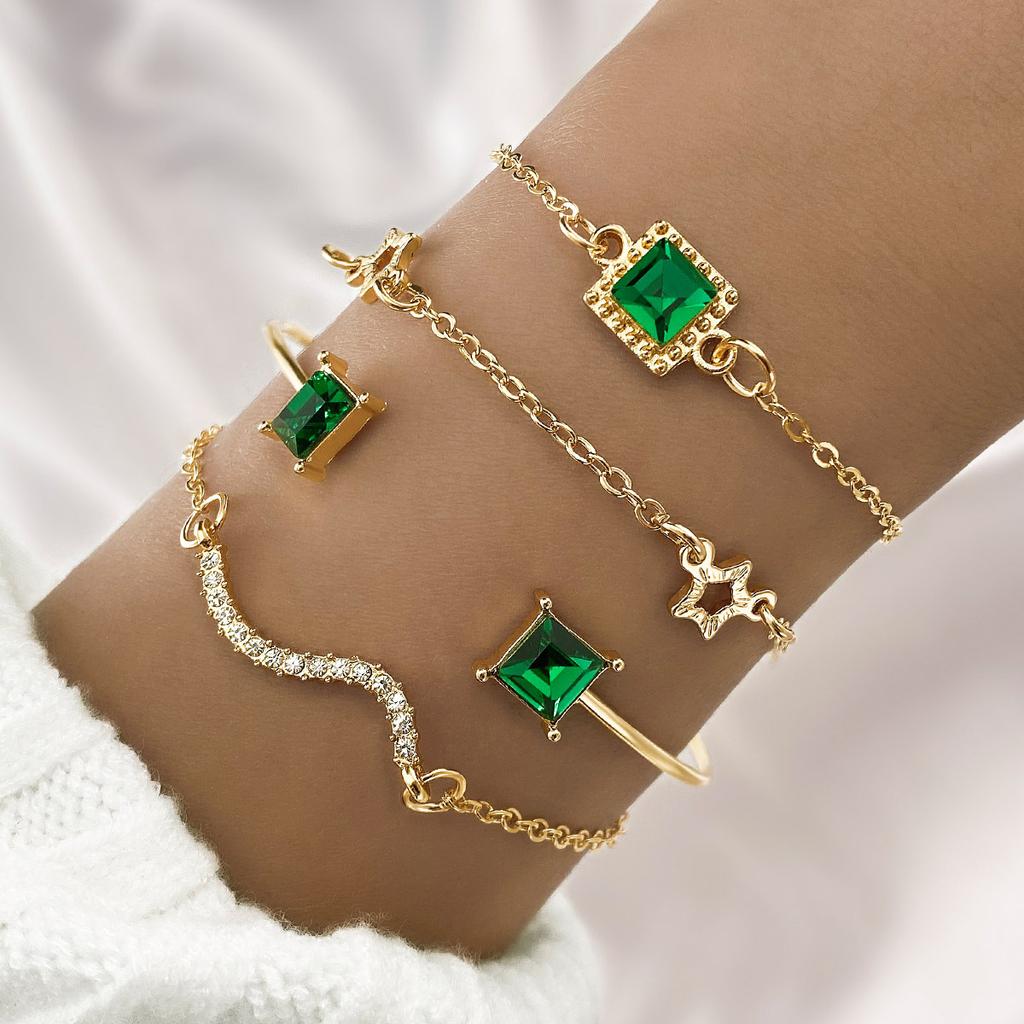 4 st/set Mode Orm Grön Ädelsten Armring Strass Full Metal Armband För Kvinnor Födelsedagsfest Julklapp Jewerly