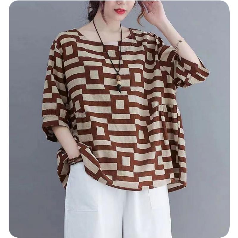 

Summer Korean Version of The Short-sleeved T-shirt Round Neck Short-sleeved Retro Plaid Top Loose Large Size Belly-covering Bottoming Shirt 4XL хакі