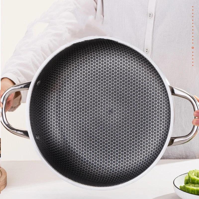 Food Grade 410 Stainless Steel Frying Pan Honeycomb Nonstick Design Double Ears Induction Gas Cooker Safe Kitchenware