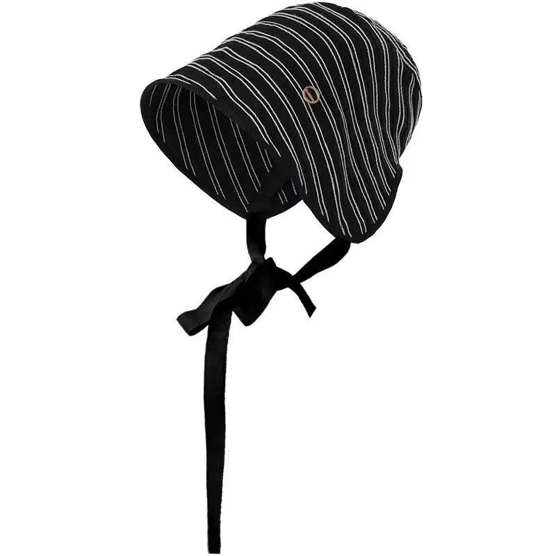 Breathable Striped Linen Sun Bonnet With Adjustable Chin Tie Uv Protection For Beach Vacation Outdoor Use