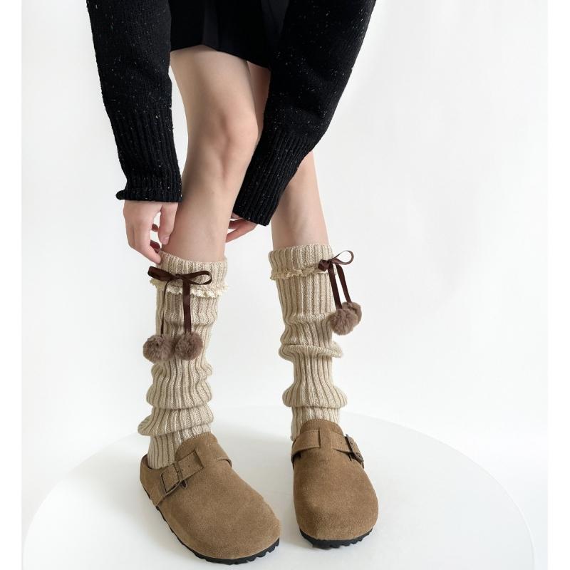 Fashionable Plush Balls Bows Adorned Leg Warmers with Lace Details for Women's Knitted Turn Cuffs Leg Covers Sleeves
