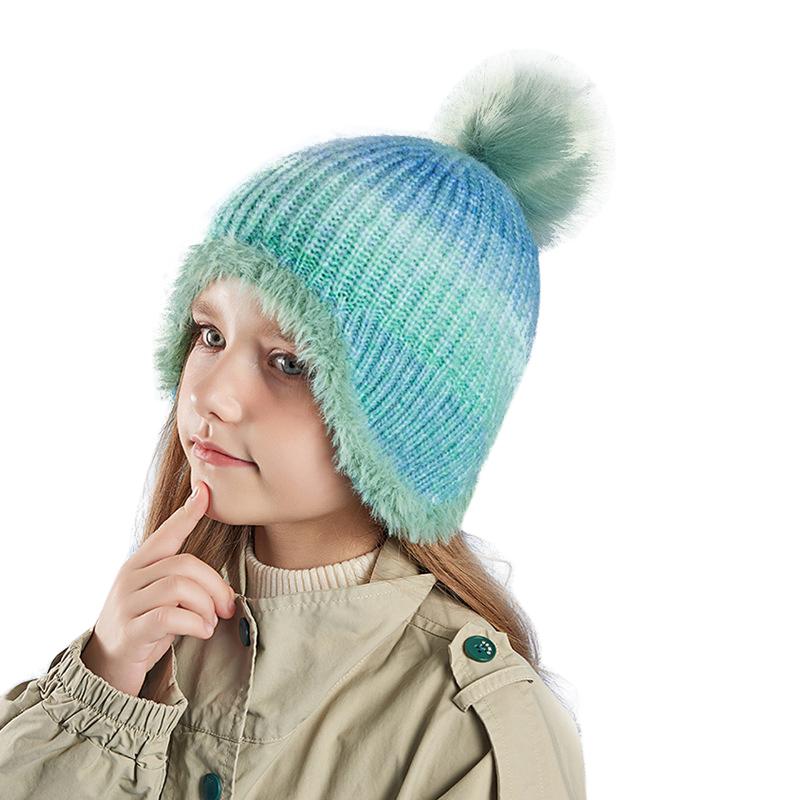 Korean Colorful Kids Hats Cute Fur Ball Knitted Hat Girl's Winter Ear Protection Caps Outdoor Plus Velvet Warm Hoods Accessories