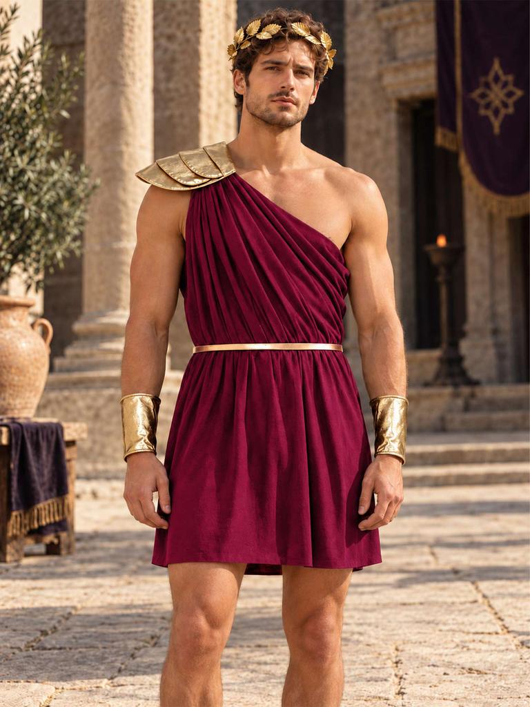 Men One Shoulder Greek Costume Toga Jumpsuit with Tiered Epaulet Elastic Waist Detachable Belt Cuffs Leaf Wreath for Stage Performance Cosplay