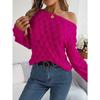 Autumn/Winter Women's Knitted Sweater Casual Feather-Patterned Openwork Off-the-Shoulder Sweater Featuring Bell Sleeves