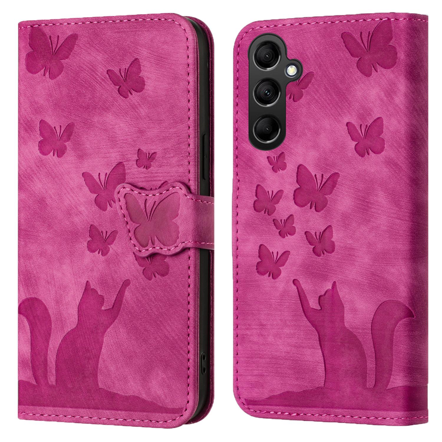 

For Samsung Galaxy A15 5G Case Butterfly Cat Imprinted PU Leather Phone Cover Rose