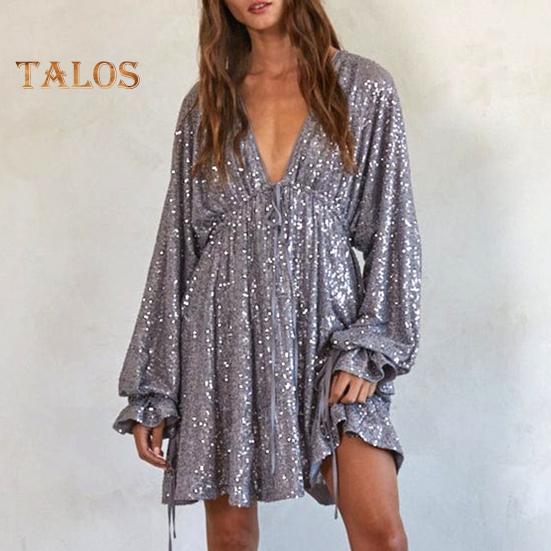 Lady Club Party Dress Deep V Neck Shimmering Sequin Loose Solid Color Long Sleeve Bow Lace-up Strap Slimming Look Mini Dress