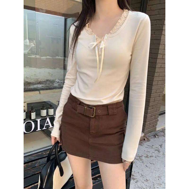 

Футболки с круглым вырезом, женские, с бантом, простой лоскутный дизайн, универсальная осенняя одежда для студентов, молодежная мягкая корейская одежда, шикарная повседневная мода XL бежевый