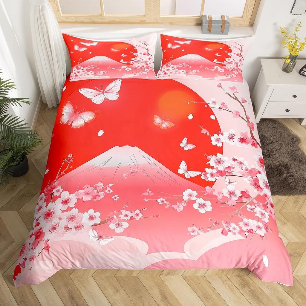 Cherry Blossoms Bedding Set for Boys Girls Japanese Style Floral Botanical Comforter Cover Twin King Sakura Flower Duvet Cover