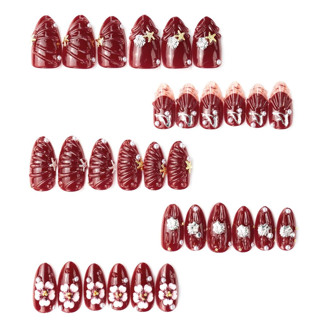 30 Pcs 3D Cute Flower & Rhinestone Starfish Seashell Almond Nail Art Tips