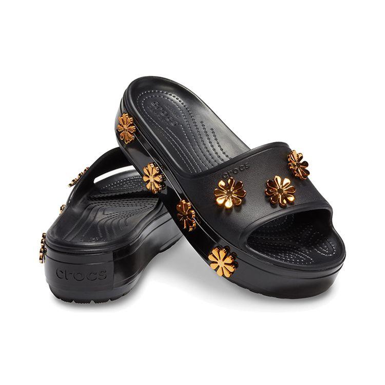 Crocs Cb Platform Metallic Blooms Sld Simple Casual Thick Sole Slippers Black Women Slippers 205717-001