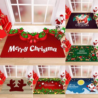 Christmas Themed Door Mat With Festive Patterns Like Bows Holly Santa Claus Reindeer Plaid Antlers NonSlip Welcome Entrance Rug