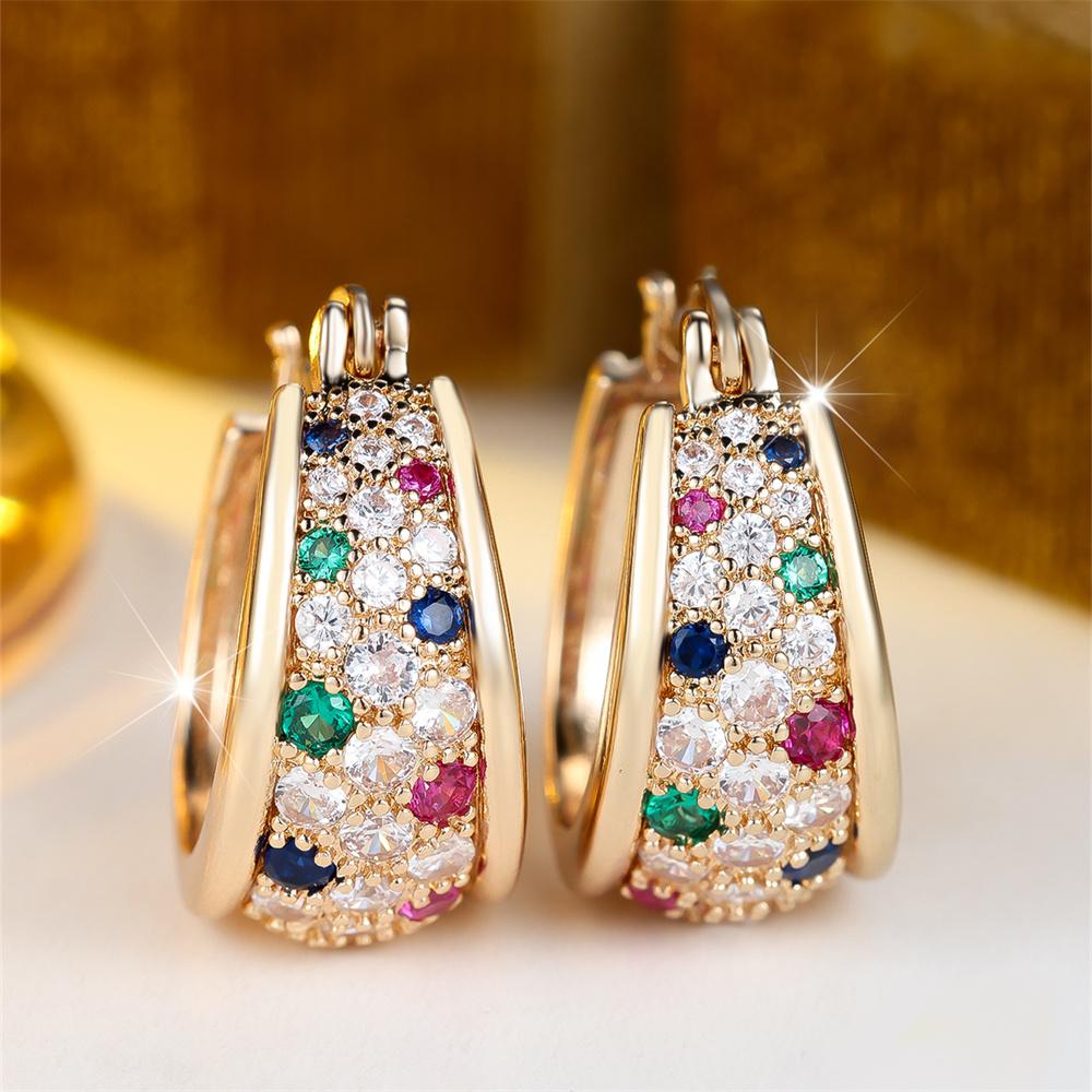 Small Round Stone Rainbow Zircon U Shaped Hoop Earrings For Women Vintage Gold Color Ear Buckle Wedding Jewelry Engagement Gifts