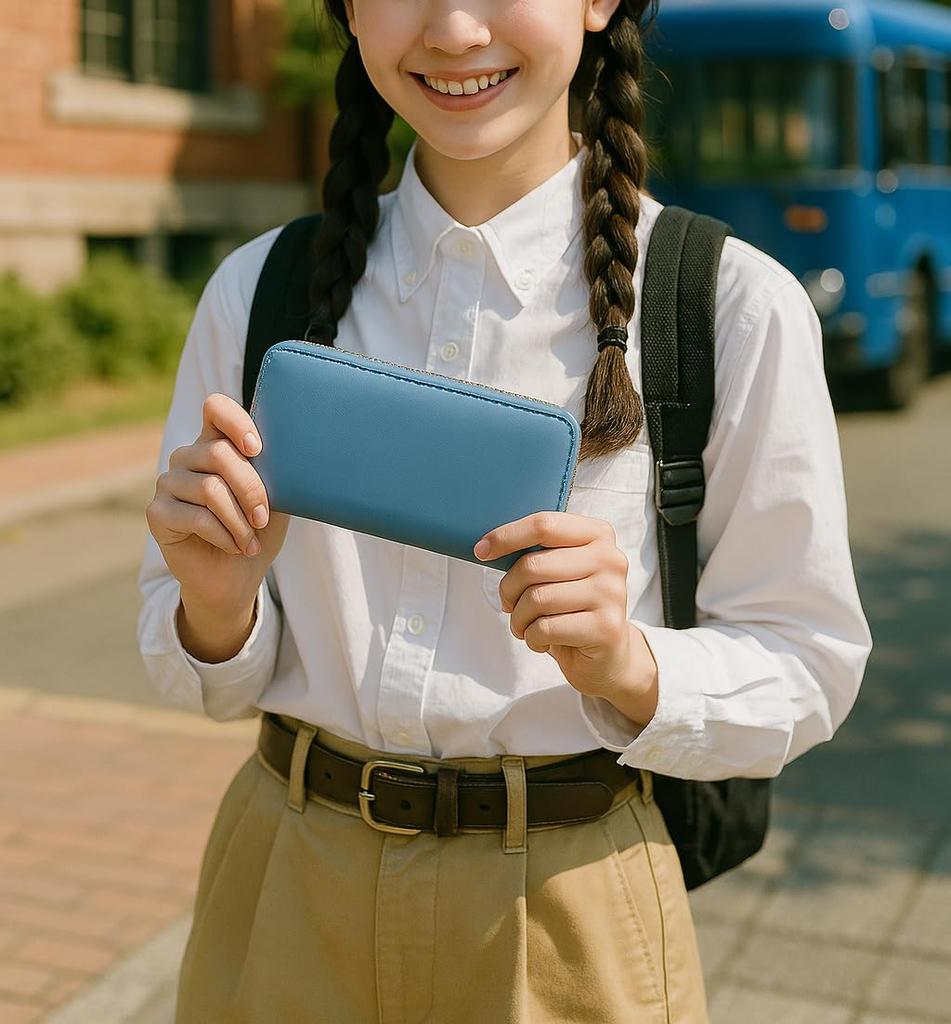 RINRE Women's Long Wallet, Large Capacity, Designer Brand, Vertical Card Slots, Zipper Closure, Coin Slot, Genuine Italian Leather (Nebbia Blue)