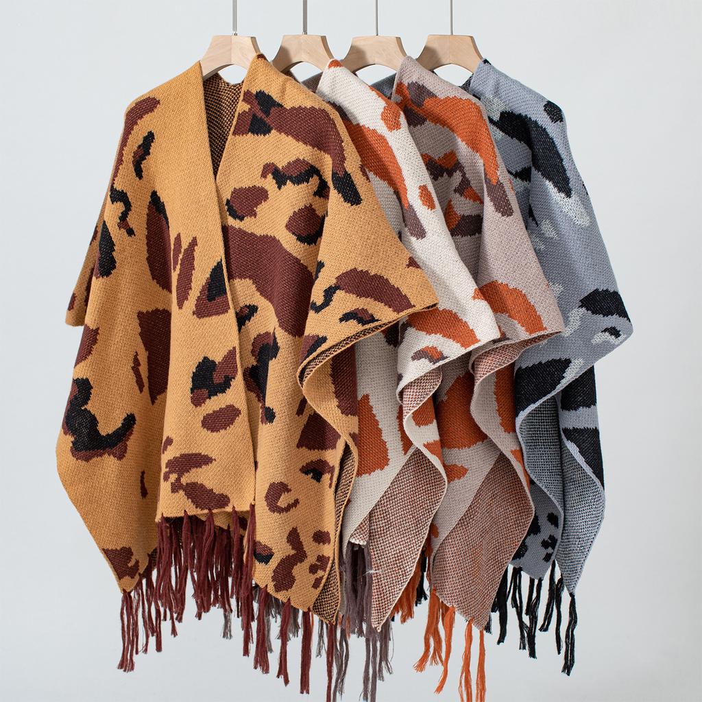 Women's Autumn and Winter Large-size Jacket Contrasting Color Leopard Print Knitted Tassel Cape Shawl Sweater Cape