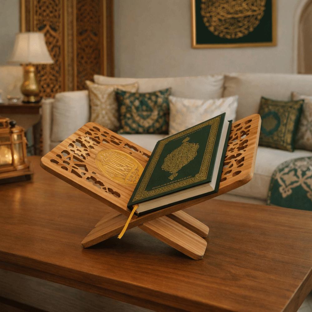 Flower Pattern Wooden Quran Holder Elegant Style Hollow Out Recipe Storage Rack Detachable Book Display Rack Ramadan Decor