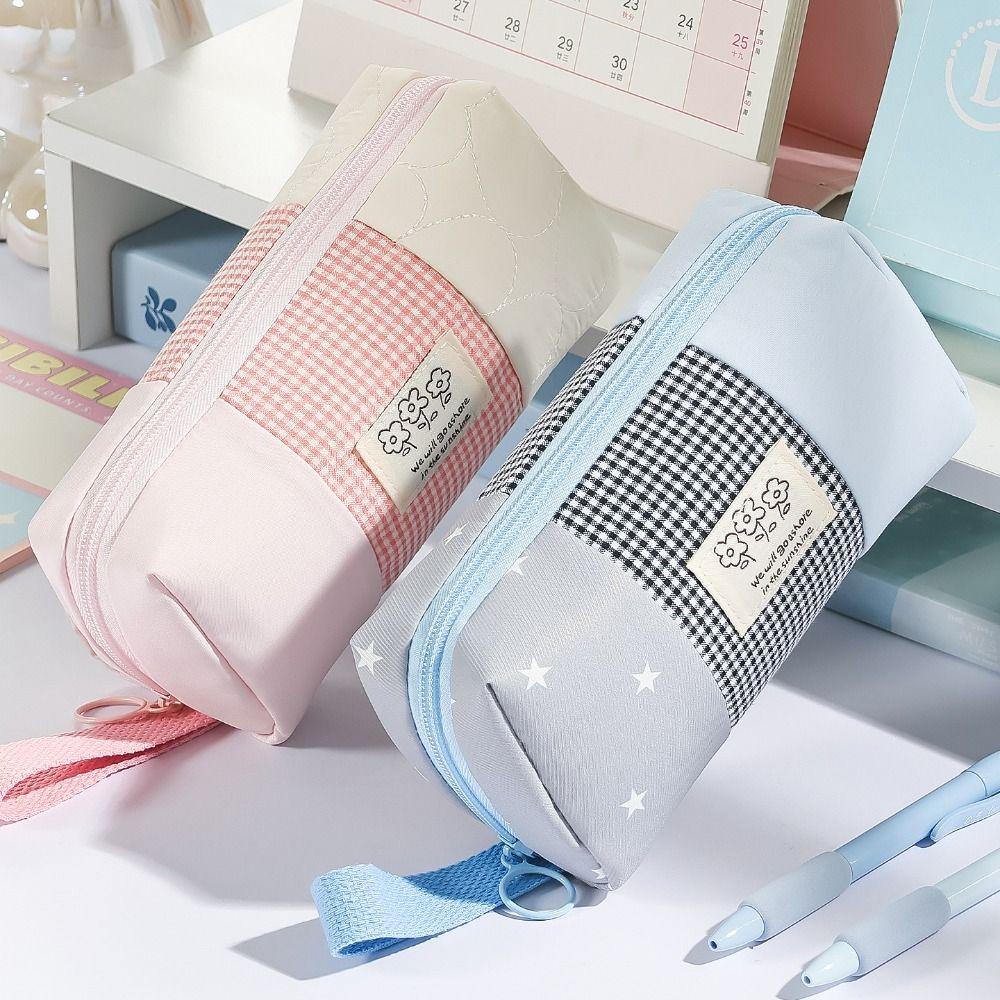 Large Capacity Pen Bag Plaid Color-Blocking Stationery Bag Korean Pencil Pouch  Gift