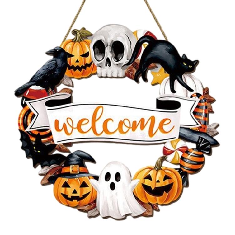 Halloween Türschild Dekoration Hängend Holz Wanddekoration Rustikal Haustür Hänger für Zuhause Zimmer Innen Außen Feiertag