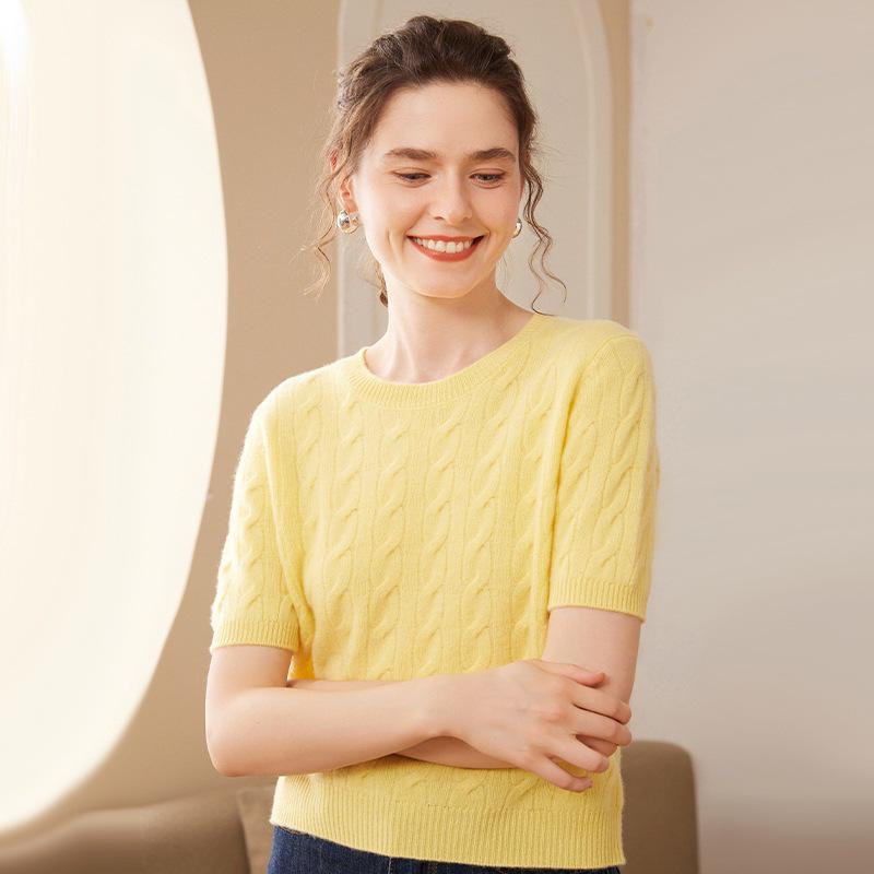 Women's Yellow Cable Knit Cashmere Short-Sleeve Sweater - Autumn/Winter Round Neck Pullover