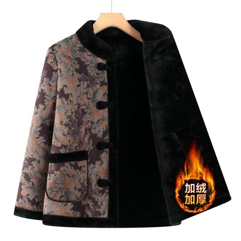 Middle-aged and old velvet floral jacket, padded jacket, thickened top to keep warm, Chinese-style disc-buckled padded jacket, padded coat women