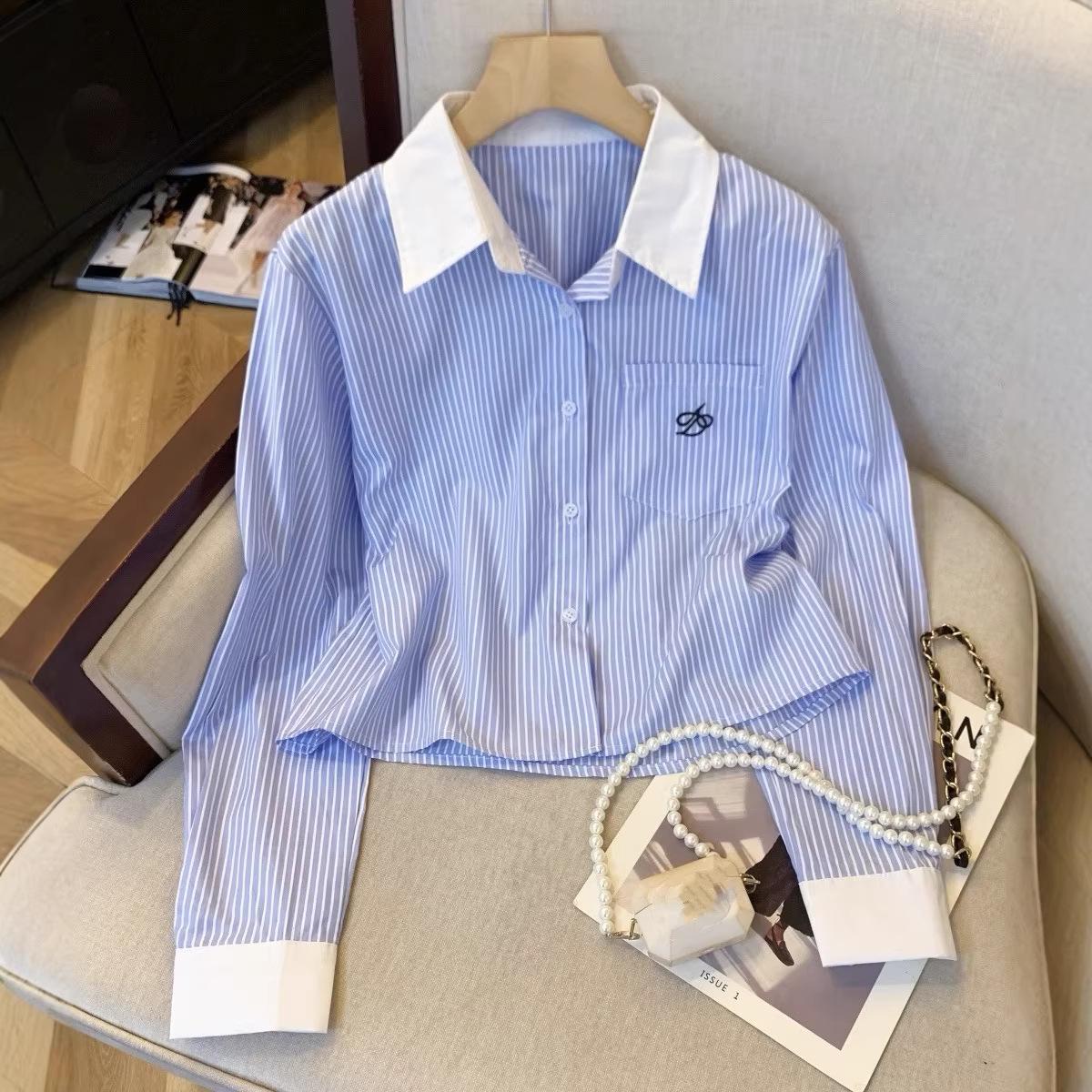 European-American Spring Blue Striped Embroidered Lapel Shirt - Women s Long Sleeve Top L синий