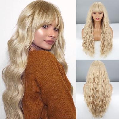 Dámská móda Světlá blond Dlouhá vlnitá paruka s ofinou Syntetické vlákno Přírodní vlnité Denní nošení Cosplay Párty Vlnitá paruka