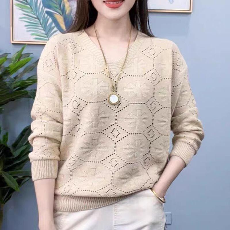 Pulover Tricotat cu Mâneci Lungi și Guler în V pentru Femei, Primăvară și Toamnă, Pulover Ajurat pentru Femei
