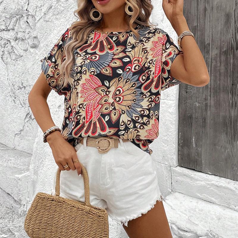 Ladies Summer Short Sleeve O Neck Holiday Printed Pullover  Shirt Top